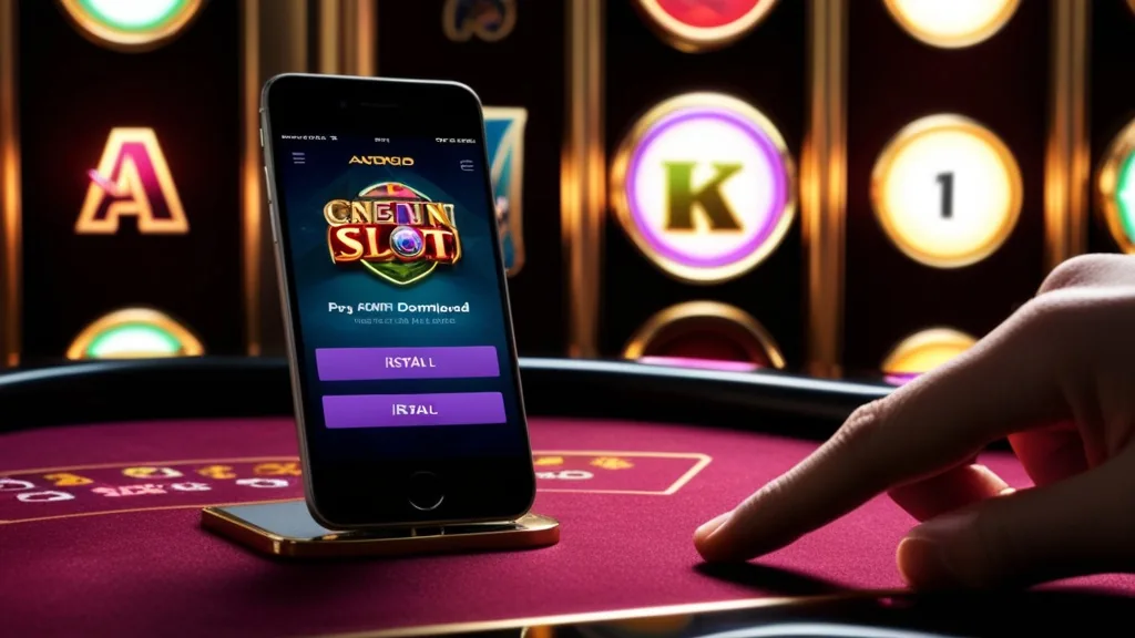 Android phone showing a casino app download page in a neon-lit room