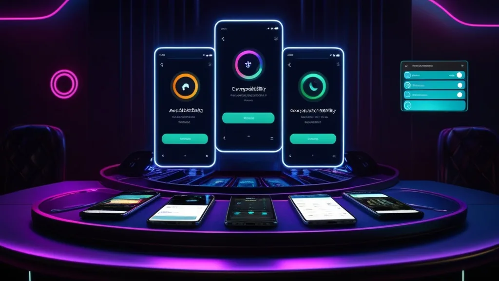 Multiple Android phones with settings icons in a neon casino environment