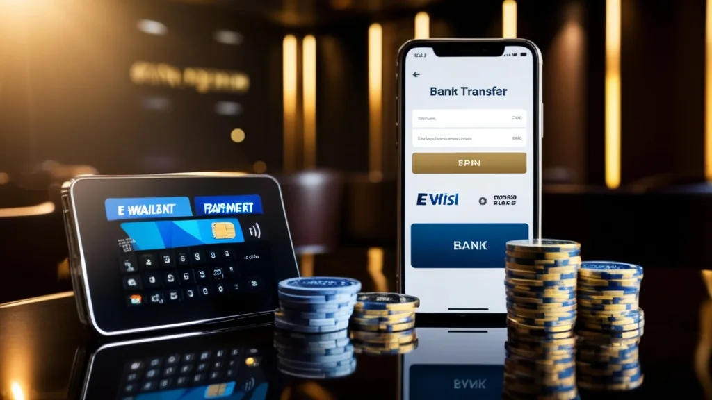 Cards, e-wallet phone, and bank transfer screen beside chips in a dark casino lounge