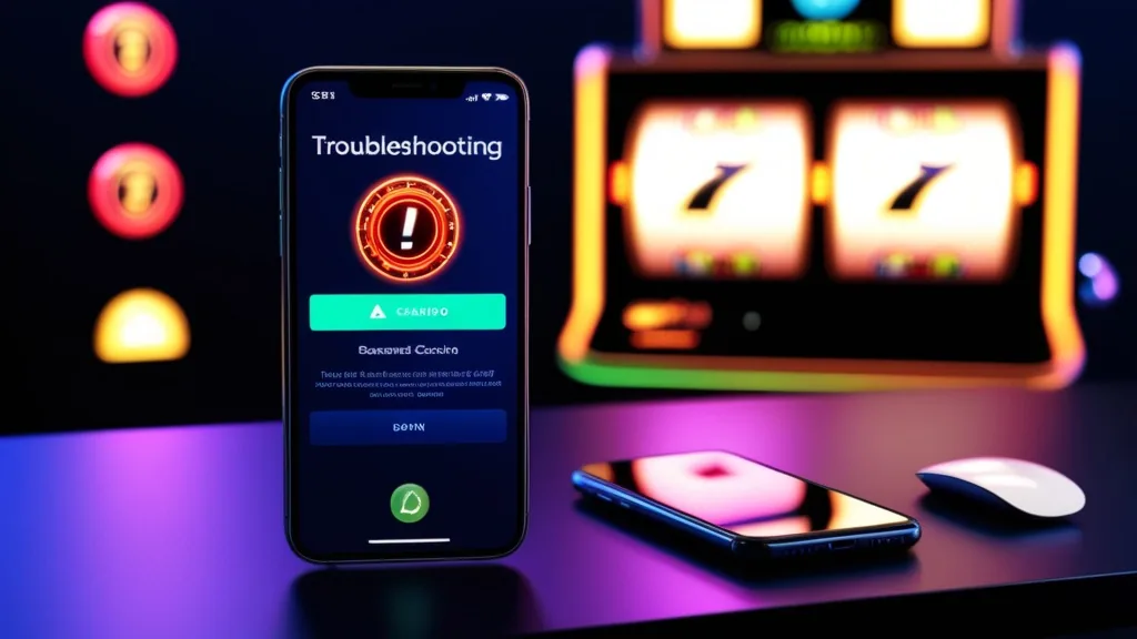 Smartphone showing a stalled download and login warning in a casino setting