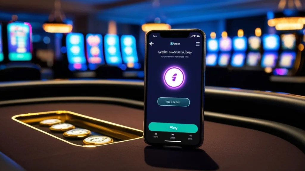 Smartphone showing a casino mobile page and shortcut icon on a dark table