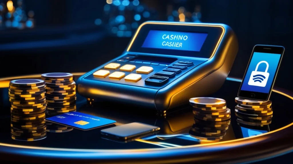 Casino cashier screen with cards, e-wallet icons, and chips in dark lighting