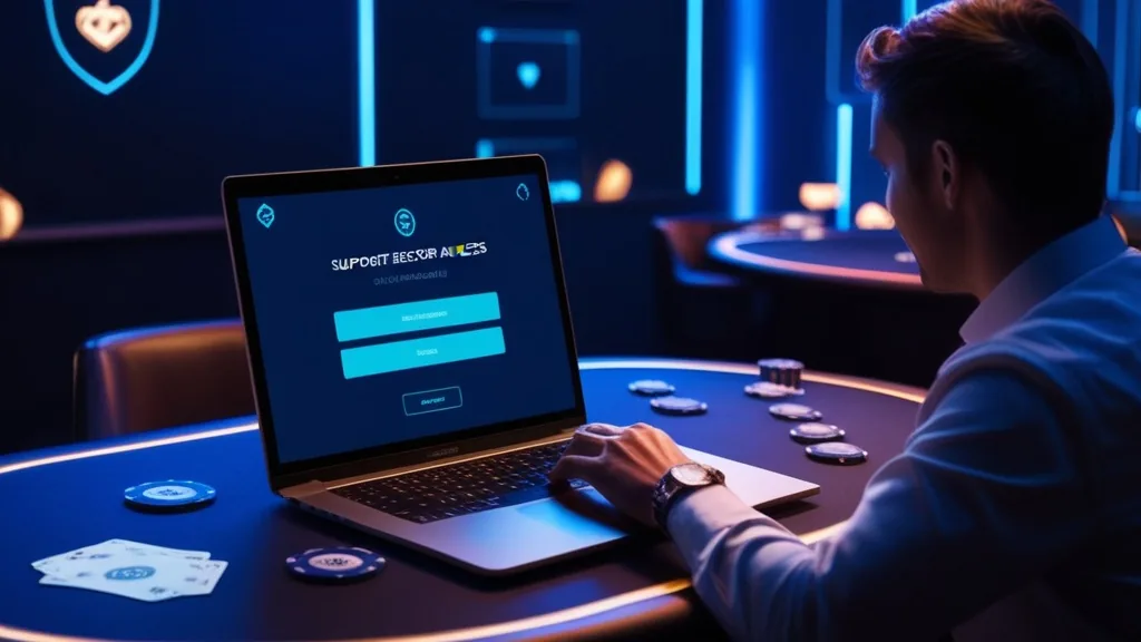 Player using a laptop to recover a casino account with a reset email screen