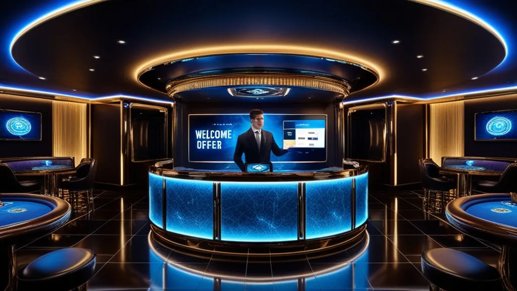 New player reviewing a glowing casino welcome bonus in a dark lobby