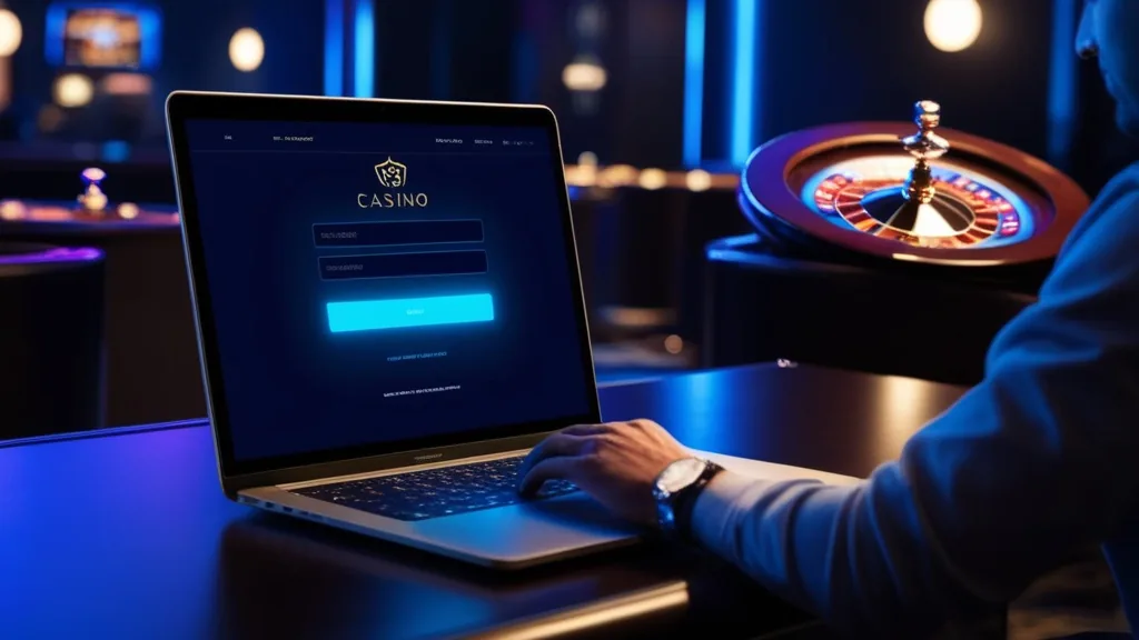 UK player checking a casino login screen on a laptop in a neon-lit room