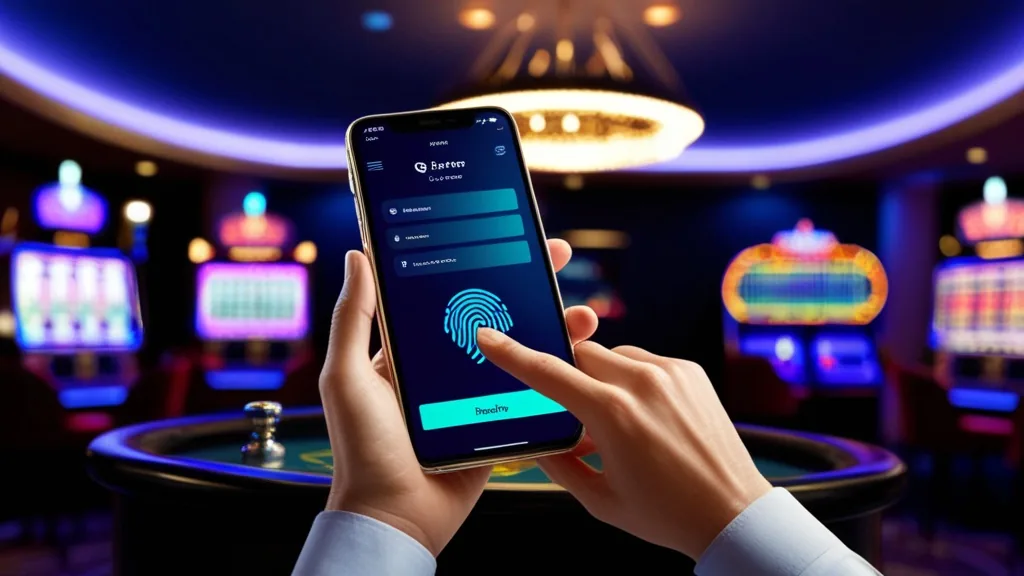 Mobile casino login screen with fingerprint access in a neon-lit room