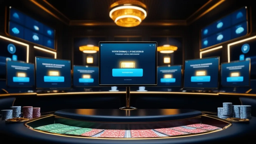 Casino withdrawal queue on screens with security icons and chips in a dark room