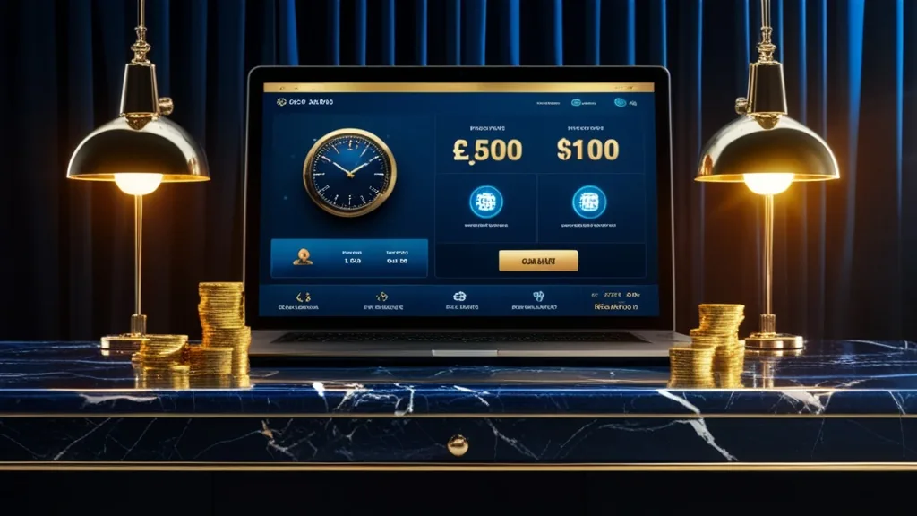 Dark casino withdrawal dashboard showing a pending payout and digital clock